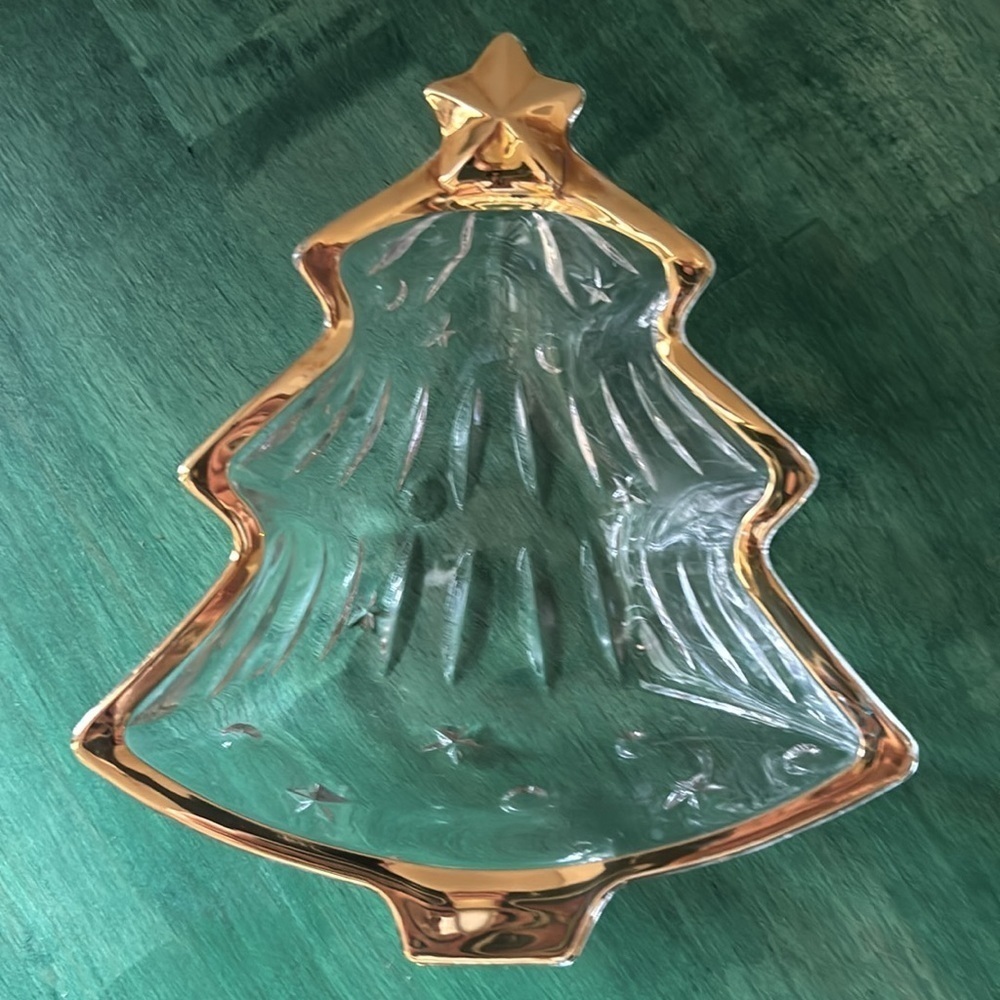 Mikasa Studio Christmas Tree Trinket Dish. 6.25” Clear Glass | Gold Trim EUC